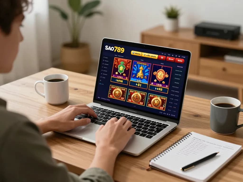 Sao789 player engaging in online gambling with live game interface displayed on laptop.