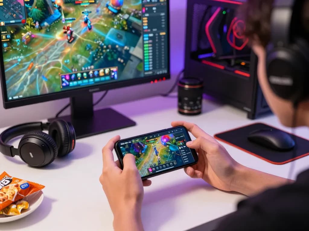 Engaged player using rikvip tải app on smartphone surrounded by gaming accessories.