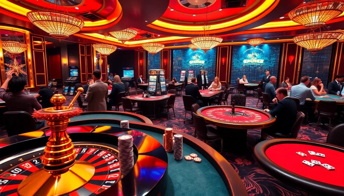 Experience the excitement of rr88 link in a vibrant casino atmosphere with poker tables and roulette wheels.
