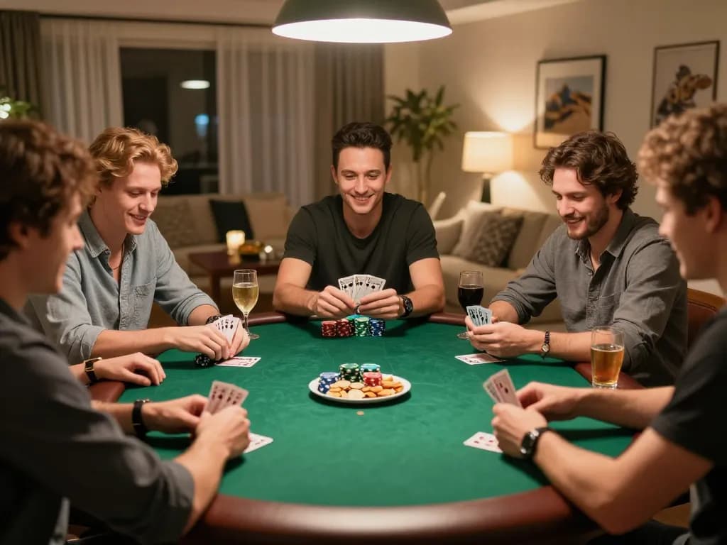 Wala88 players strategizing and celebrating a win during a friendly poker night.