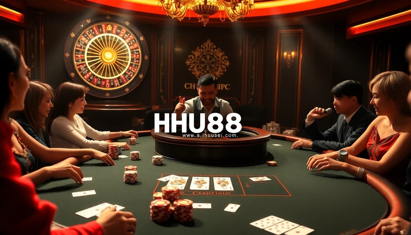 Players enjoying a thrilling poker game with HU88 branding prominently displayed.