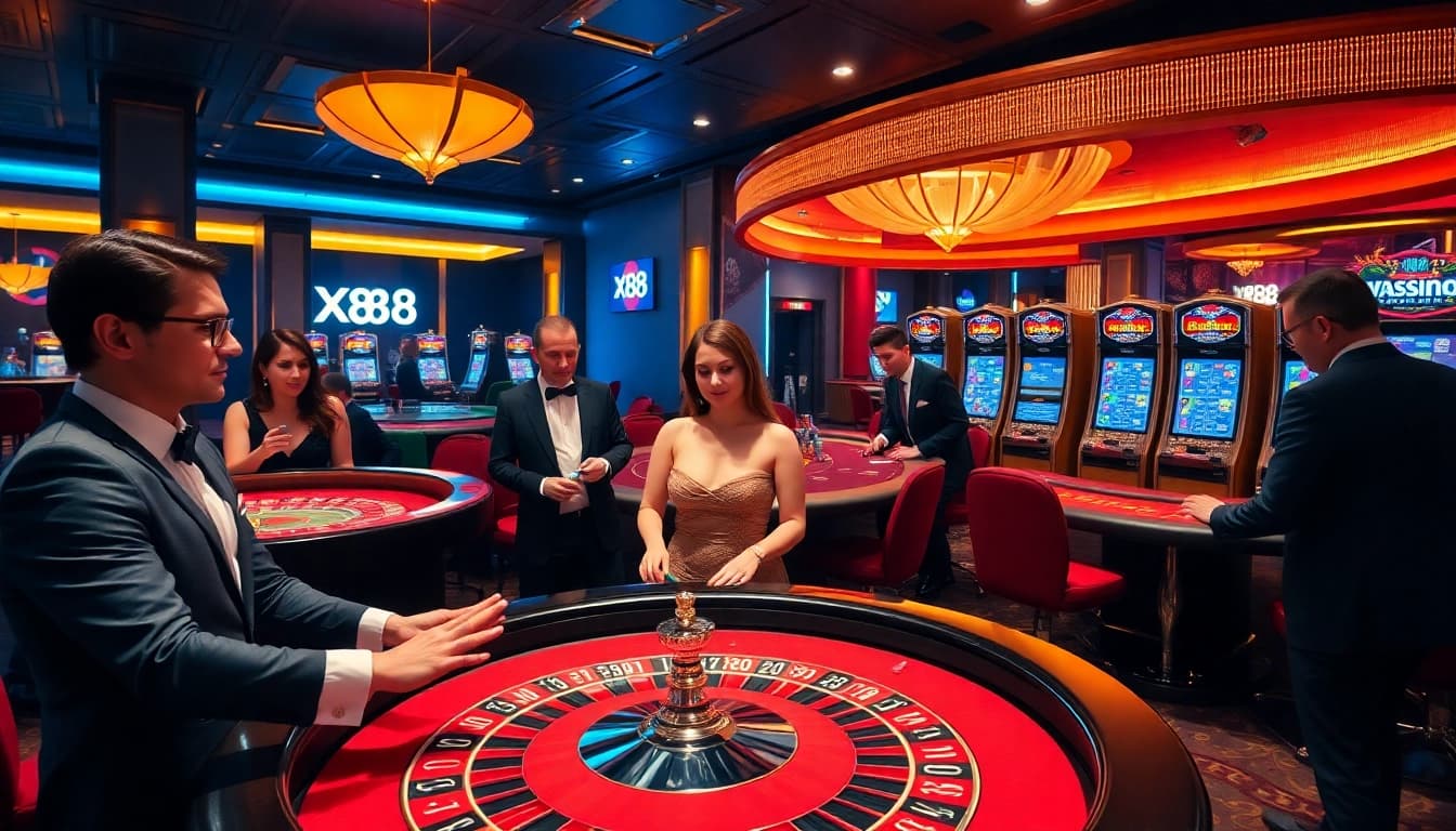 Players enjoying a thrilling casino experience at X88 with vibrant slot machines and poker tables.