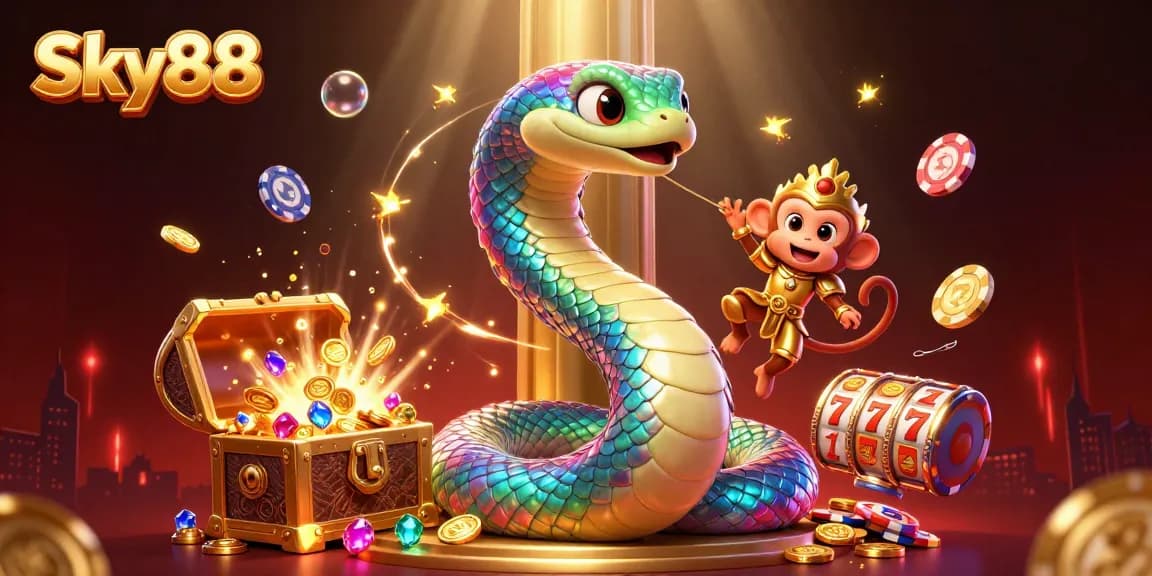 Engage with captivating features at Sky88's online casino, surrounded by vibrant elements like treasure chests and playful characters.