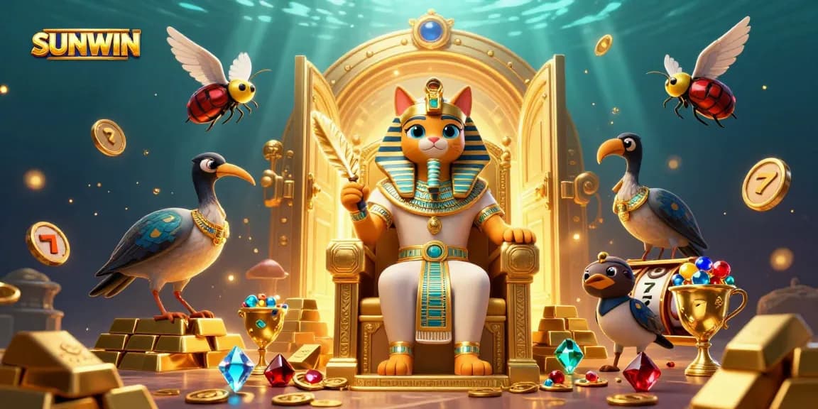 Experience the thrilling world of SUNWIN with a regal Egyptian pharaoh cat amidst stunning casino treasures.