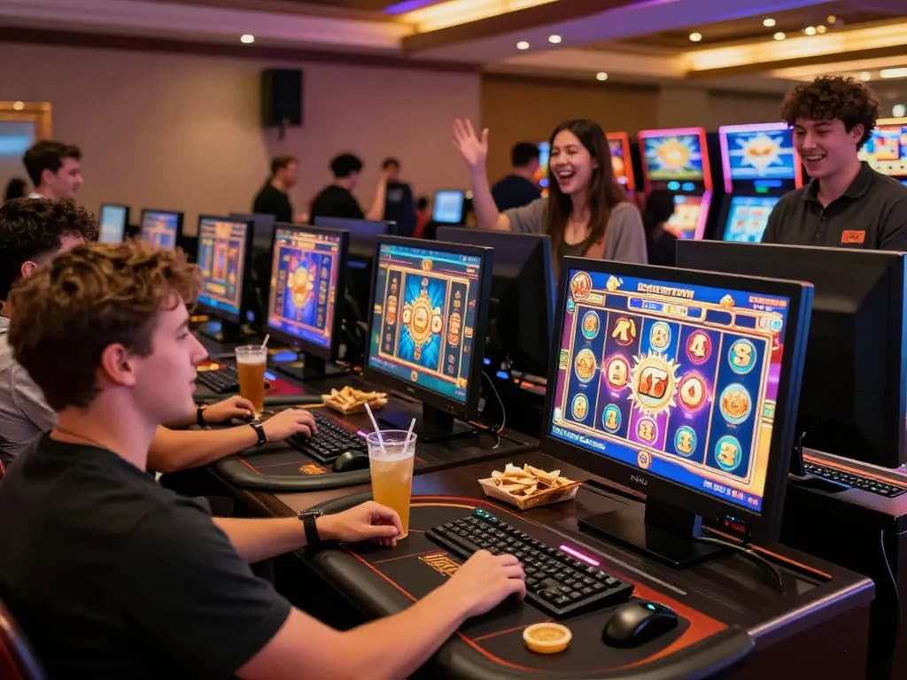 45X lively online gambling scene with players celebrating big wins and engaging with vibrant slot games.