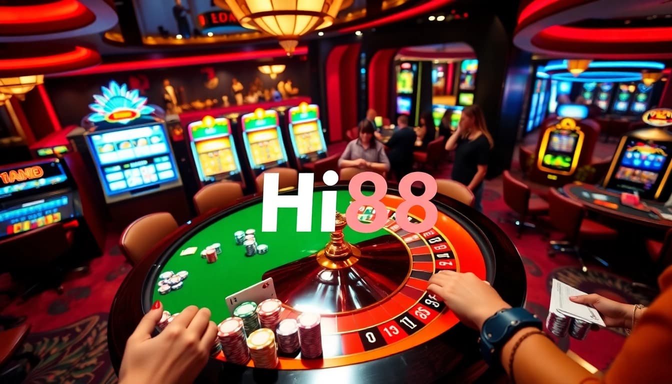 Engaged players enjoying a thrilling game of roulette at Hi88 casino, surrounded by vibrant slot machines.