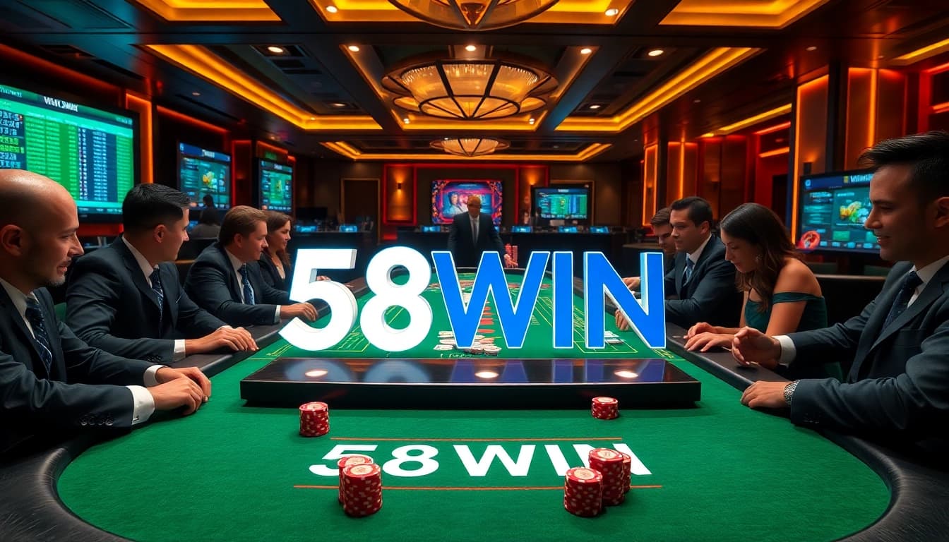 Players enjoying poker at a luxurious 58WIN casino table with vibrant chips and cards.