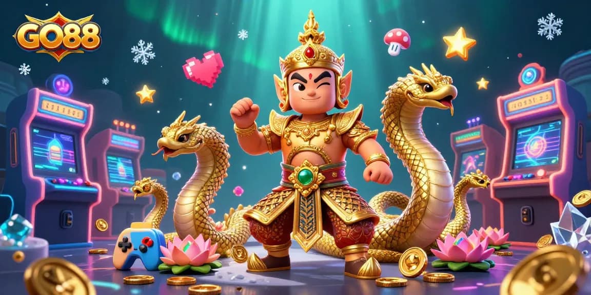 Experience GO88's vibrant gaming world with 3D guardian, Naga companions, and classic arcade elements.