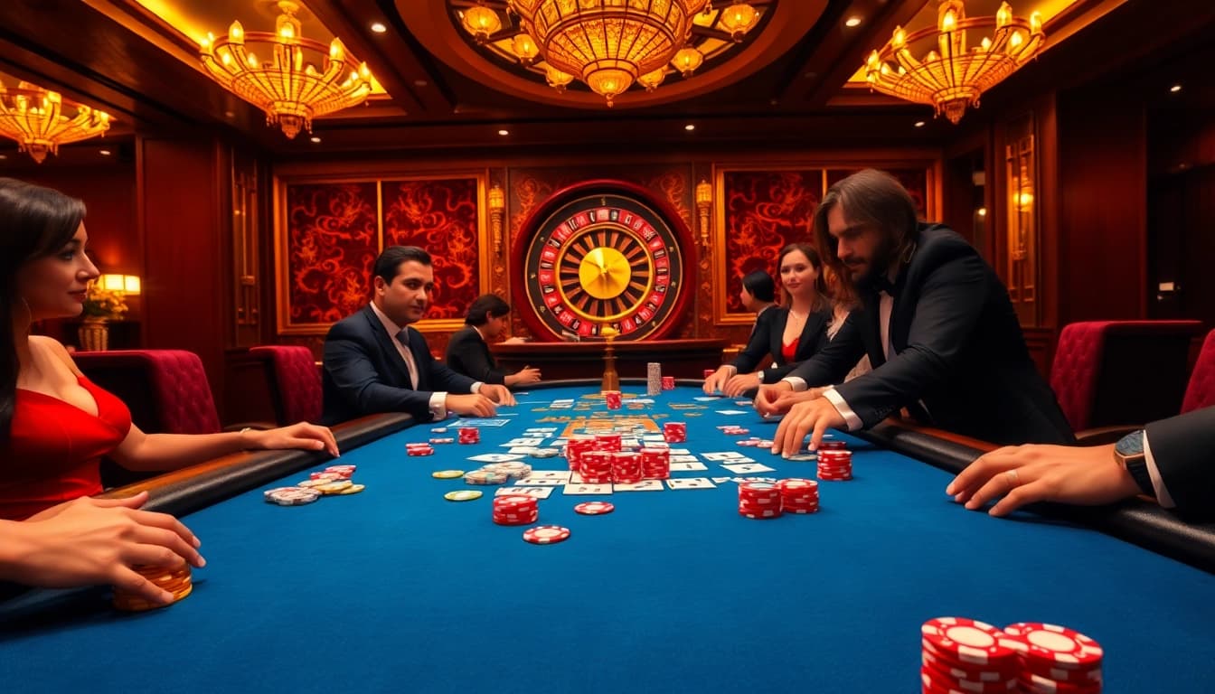 High-stakes poker action at FLY88 casino with vibrant colors and elegant decor.