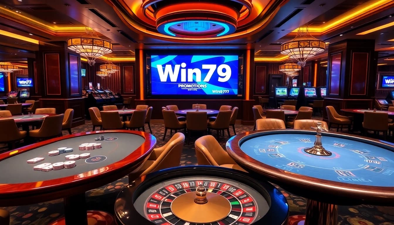 Win79's exhilarating casino atmosphere with poker tables, chips, and roulette wheels.