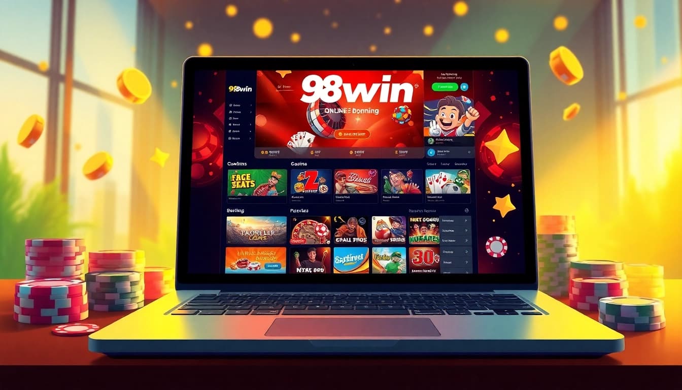 Dynamic online casino scene at 98win featuring poker, slots, and sports betting excitement.