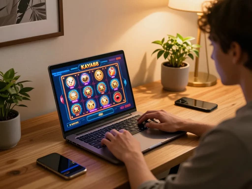 KAYA88 gaming session on a laptop, showcasing vibrant slot games in a cozy home setting