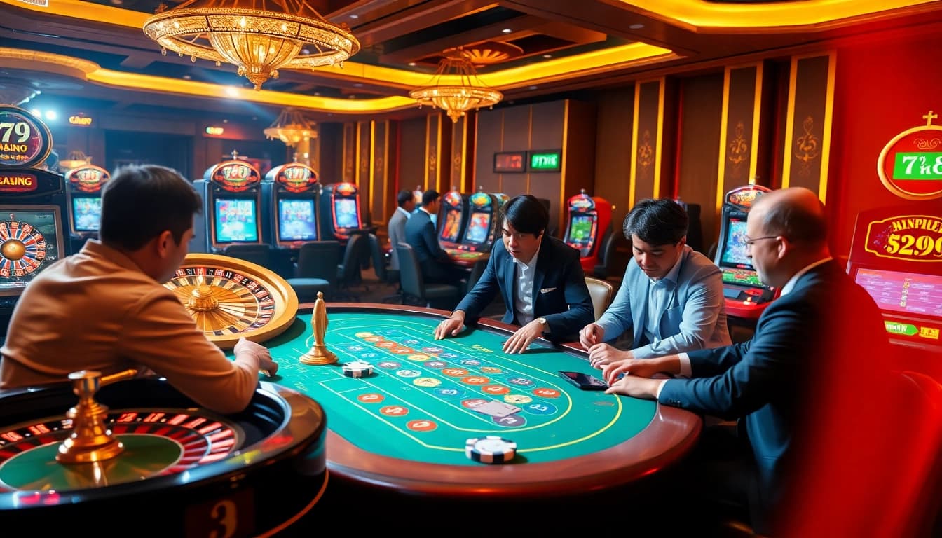 Engaged players enjoying thrilling games at 79KING casino, showcasing excitement and luxury.