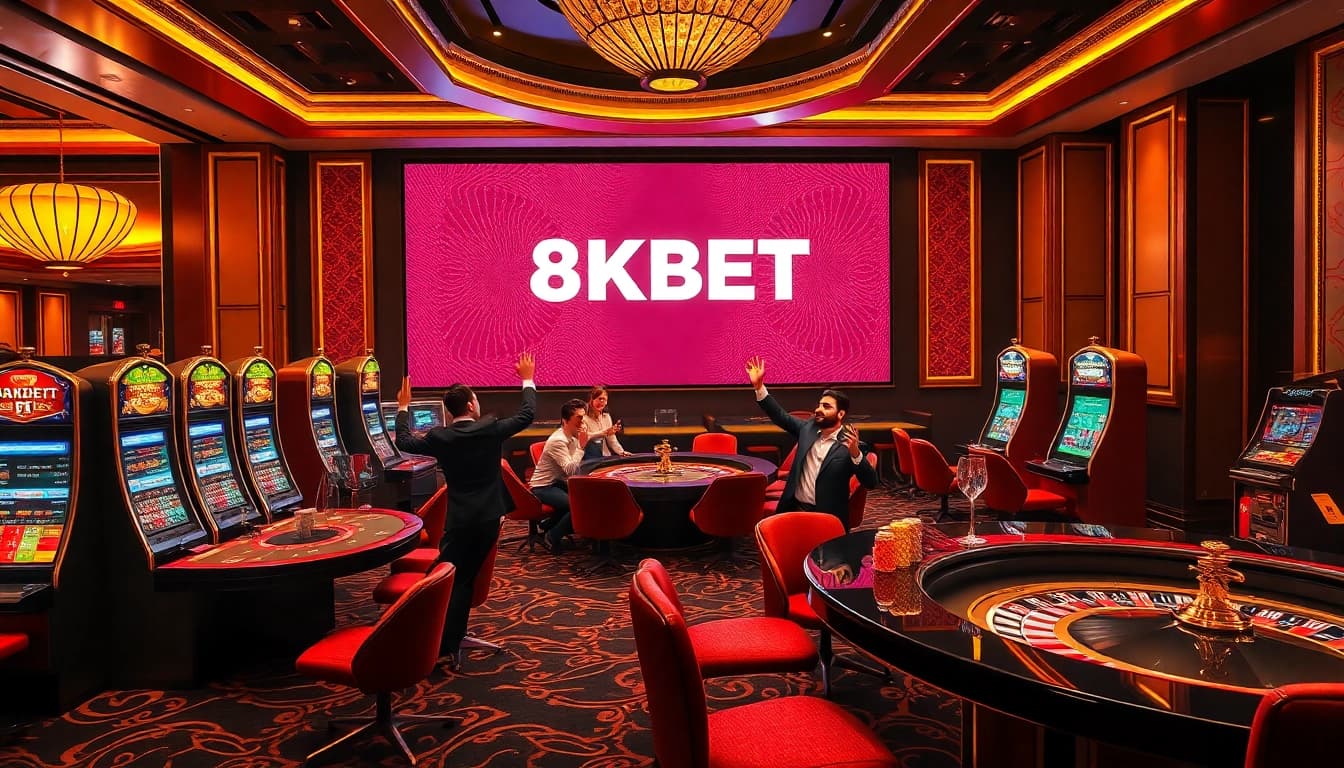 Experience the thrilling luxury of 8KBET in a vibrant casino setting with excited players and elegant decor.