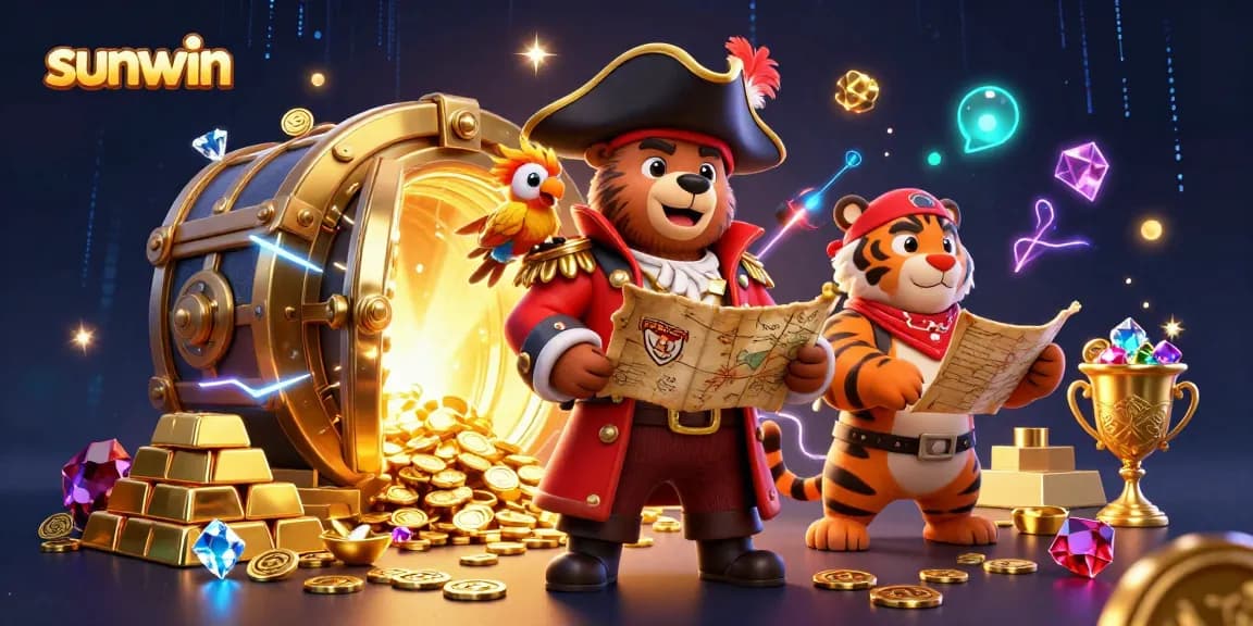 Engage with sunwin's 3D pirate-themed casino scene, showcasing treasures and adventurous characters.
