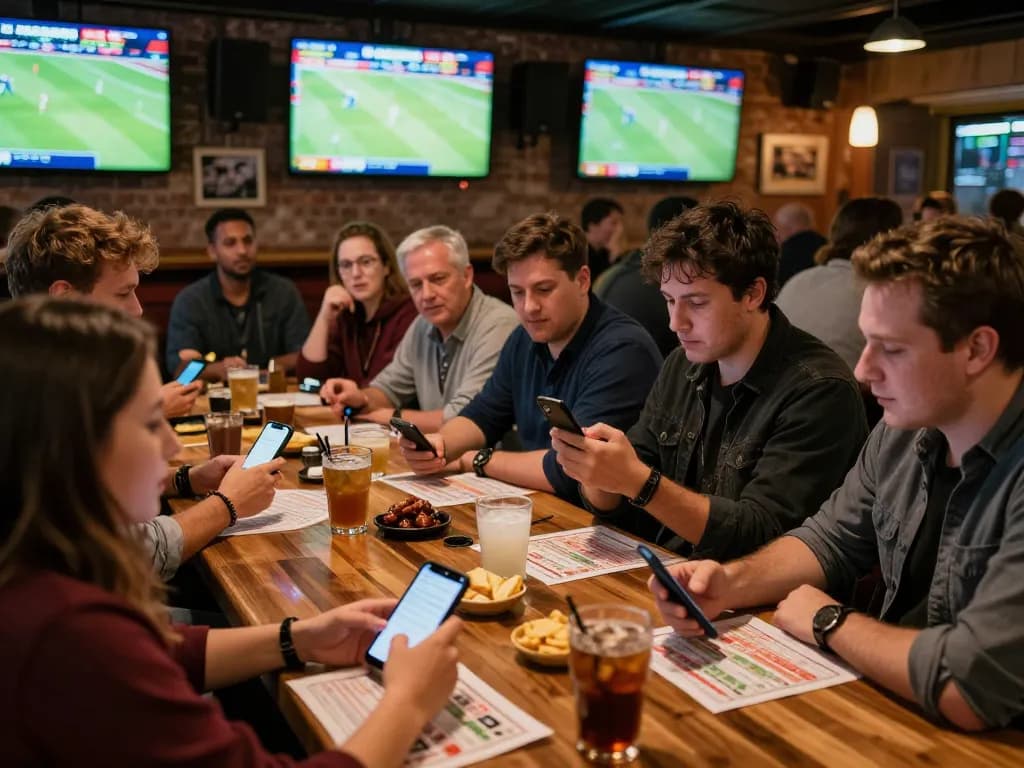 Engaged sports enthusiasts analyzing live scores and placing bets on 7m