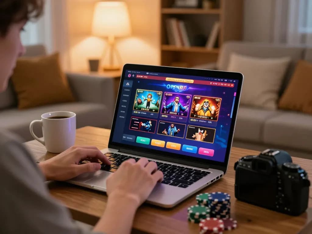 Player enjoying a live game on open88 casino site, vibrant chips and coffee, warm home atmosphere