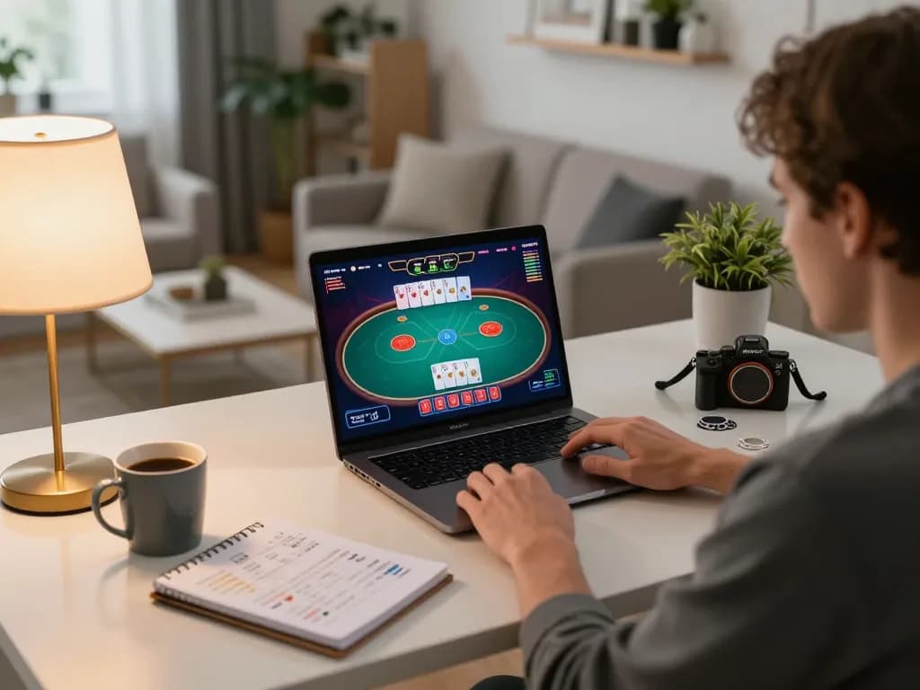 Engaging gaming experience at lc88 online poker setup with laptop and strategy notes