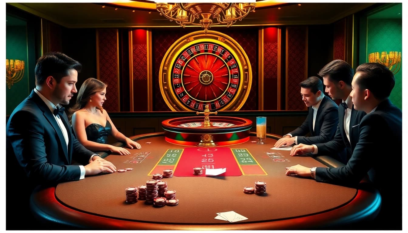 KJC casino scene featuring an engaging poker table with vibrant chips and a roulette wheel, symbolizing excitement.