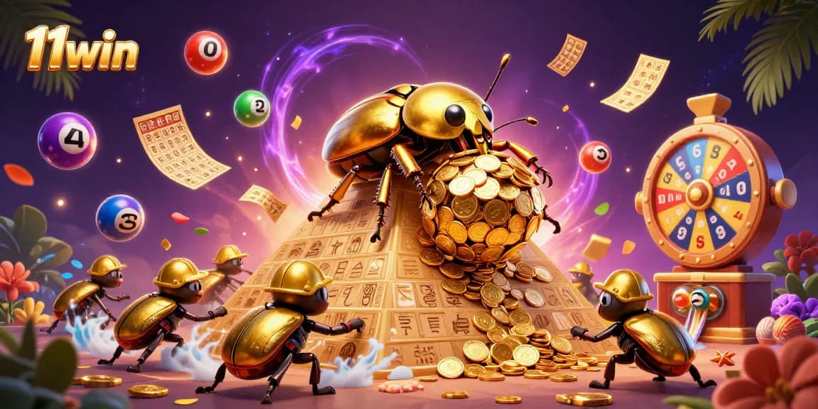 Engage with 11win's colorful lottery scene, featuring a golden dung beetle rolling coin balls.