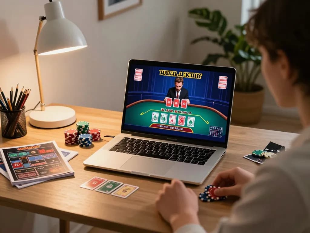 Engaged player on a laptop at home using xx88 for live baccarat gameplay.