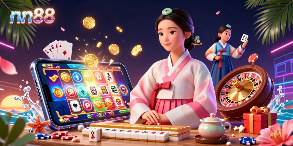 Engage with nn88's immersive slot game experience through a dynamic 3D illustration showcasing online gambling elements and vibrant design.