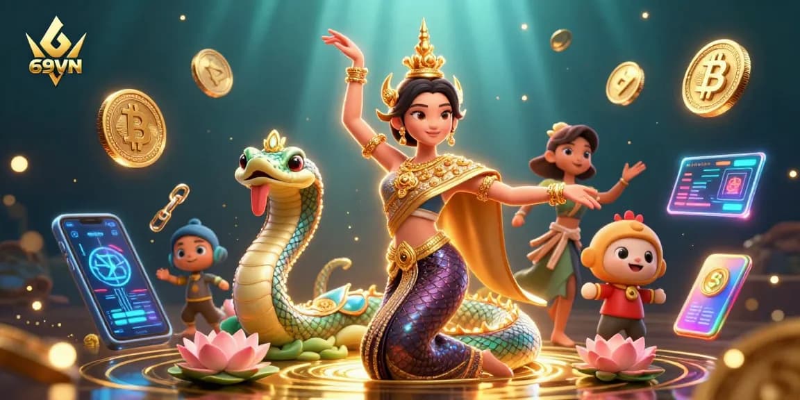 Win big with 69VN's vibrant casino atmosphere featuring colorful characters and gaming elements.