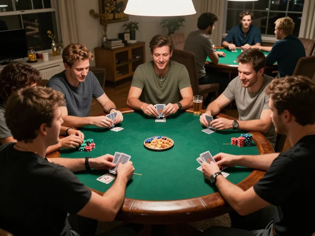Friends enjoying a lively poker game at home, showcasing SC88 casino excitement in a cozy setting.