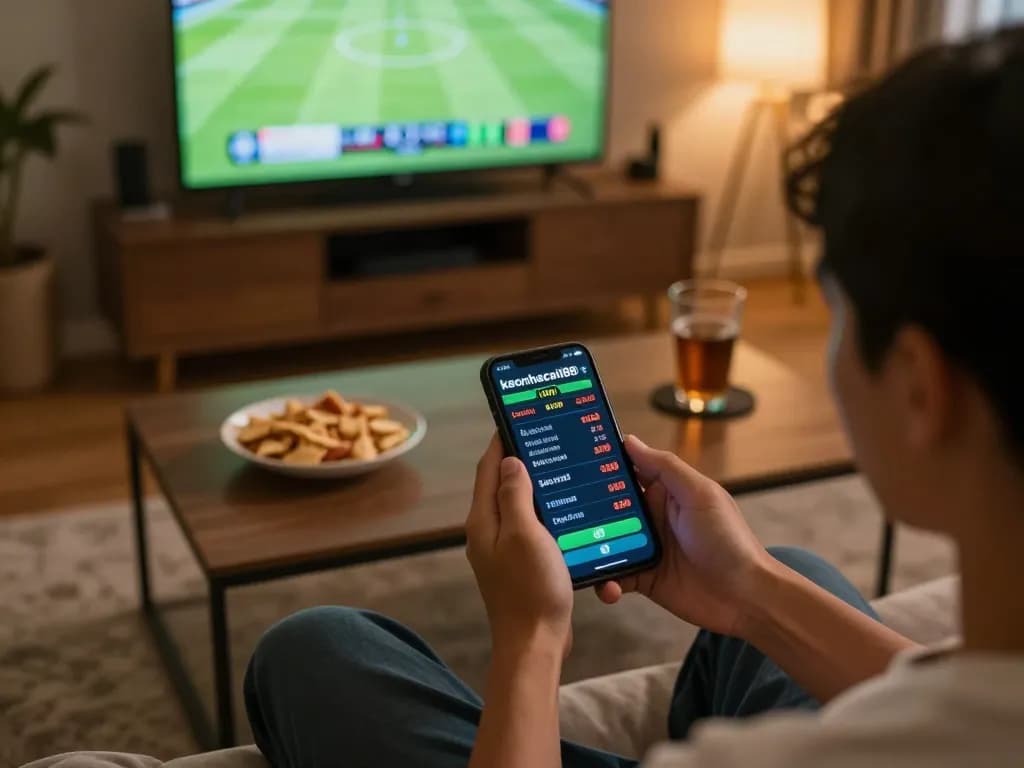 Engaged sports bettor using keonhacaii88 to place live bets during a football match in cozy home setting.