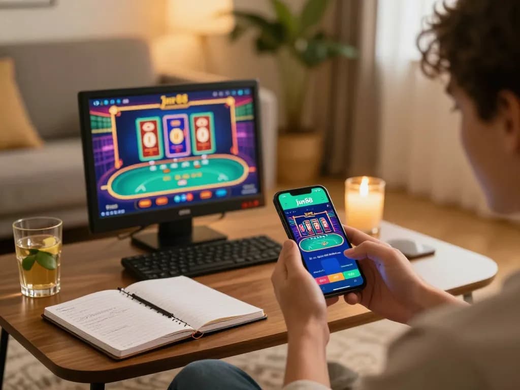 Player enjoying online games at home with the JUN88 casino app on their smartphone, surrounded by strategy notes