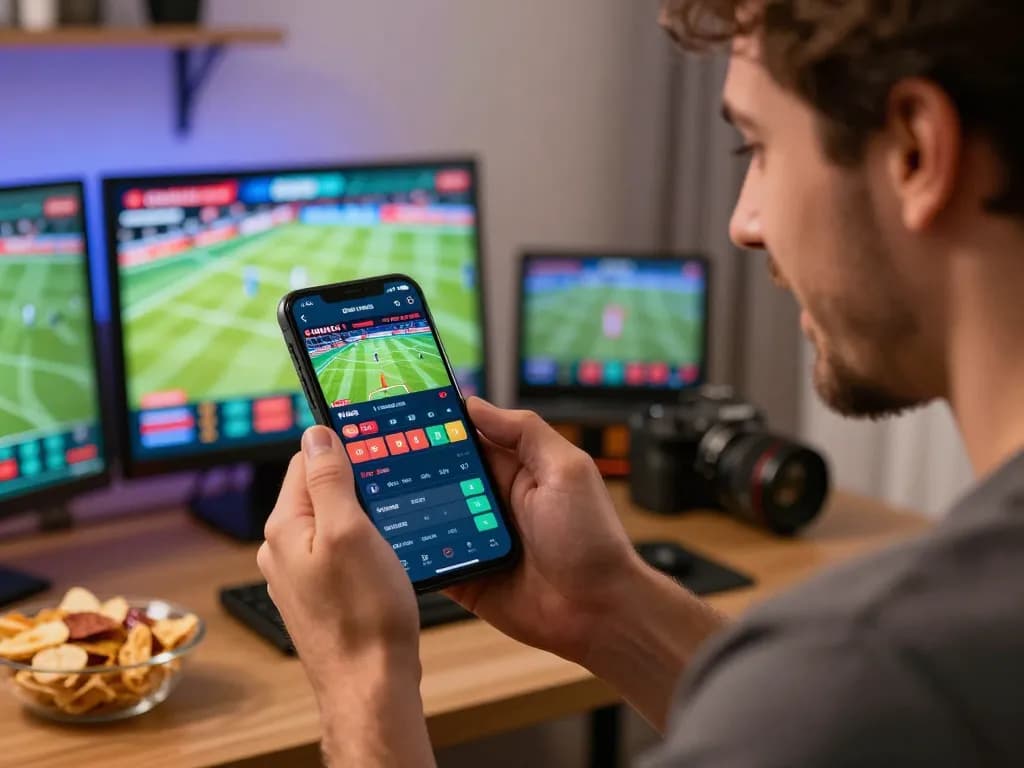 Celebrating a sports betting win while checking live odds on a smartphone, showcasing the excitement of gambling.