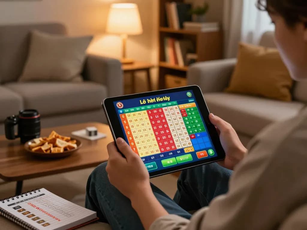 Person engaging with lô đề hôm nay on a tablet in a cozy home setting while analyzing betting strategies.