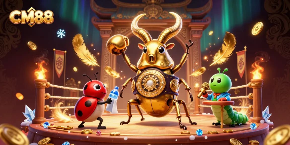 CM88 showcases a vibrant 3D illustration of a golden stag beetle championing in a casino-themed battle.