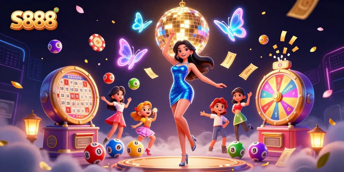 Experience the excitement of S888 with colorful lottery elements and a glamorous dancer in a casino setting.