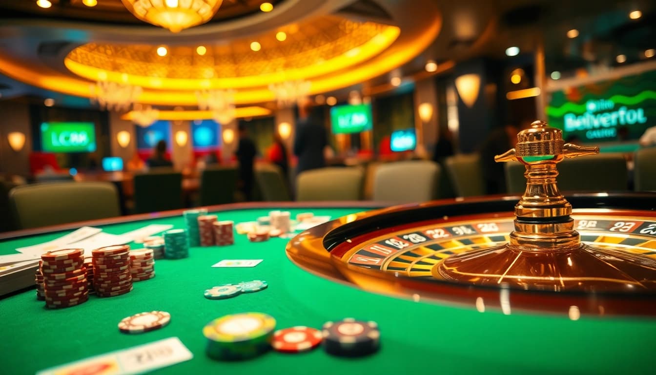 Experience the thrill of gambling with LC88 at a luxurious casino table, complete with poker chips and cards.