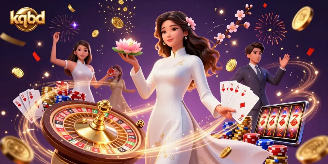 Experience kqbd with dynamic casino energy, showcasing an elegant woman in traditional attire amid golden sparks and gambling elements.