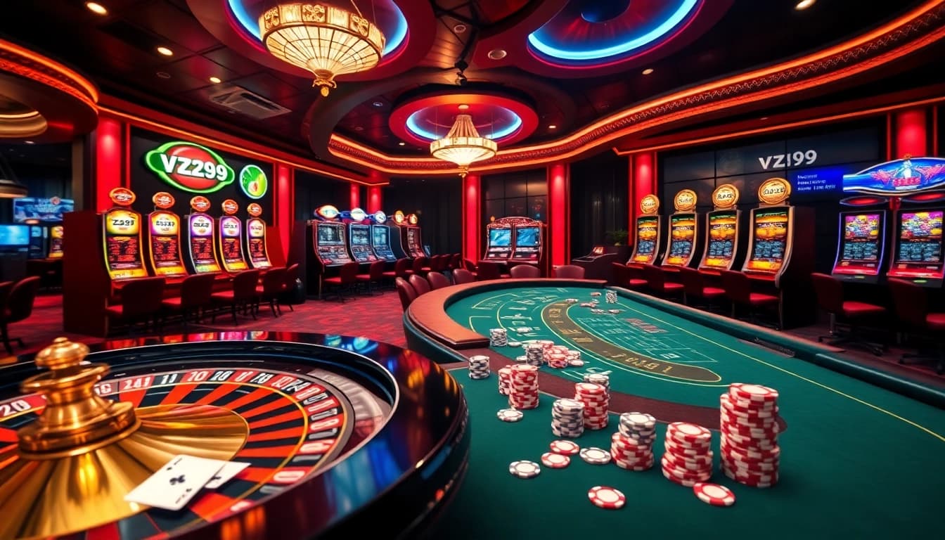 A thrilling casino scene with poker chips and a roulette wheel showcasing vz99 online betting excitement.