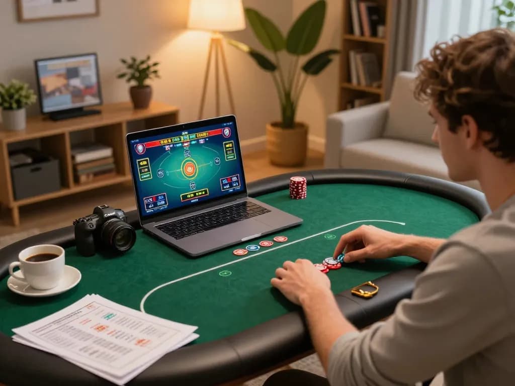 Player engaging in a poker game on 33win platform while analyzing strategies at home