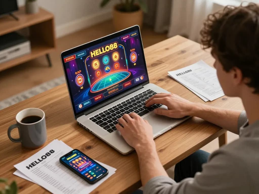 Player engaging with HELLO88 on a laptop, capturing the excitement of online gaming at home with a warm atmosphere.