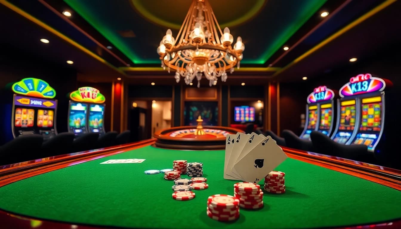 KJC gaming table with vibrant poker chips and elegant cards in a luxurious casino atmosphere.