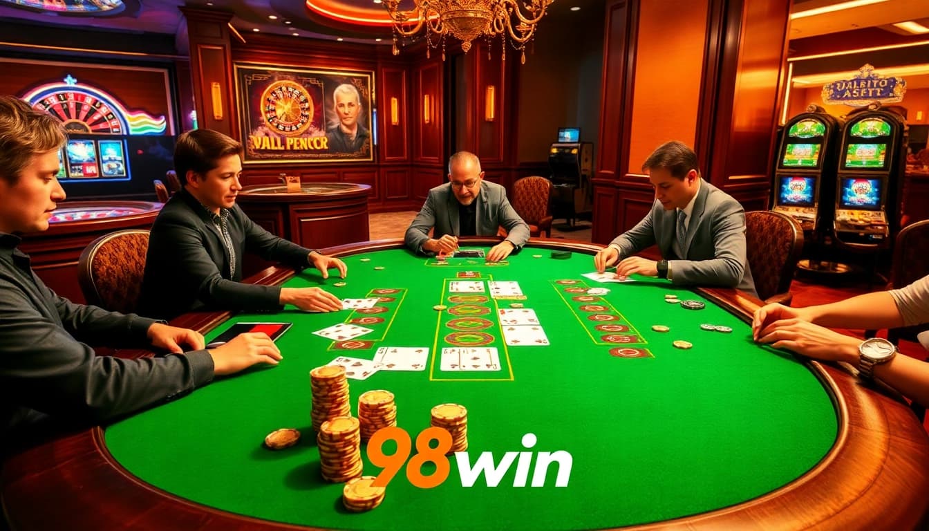 Experience an engaging Blackjack game scene with intense players at 98win casino.