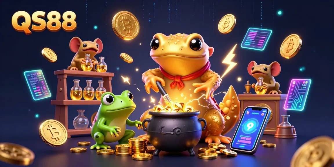 Experience the excitement of QS88 with a vibrant 3D illustration showcasing gold transmutation and crypto elements.