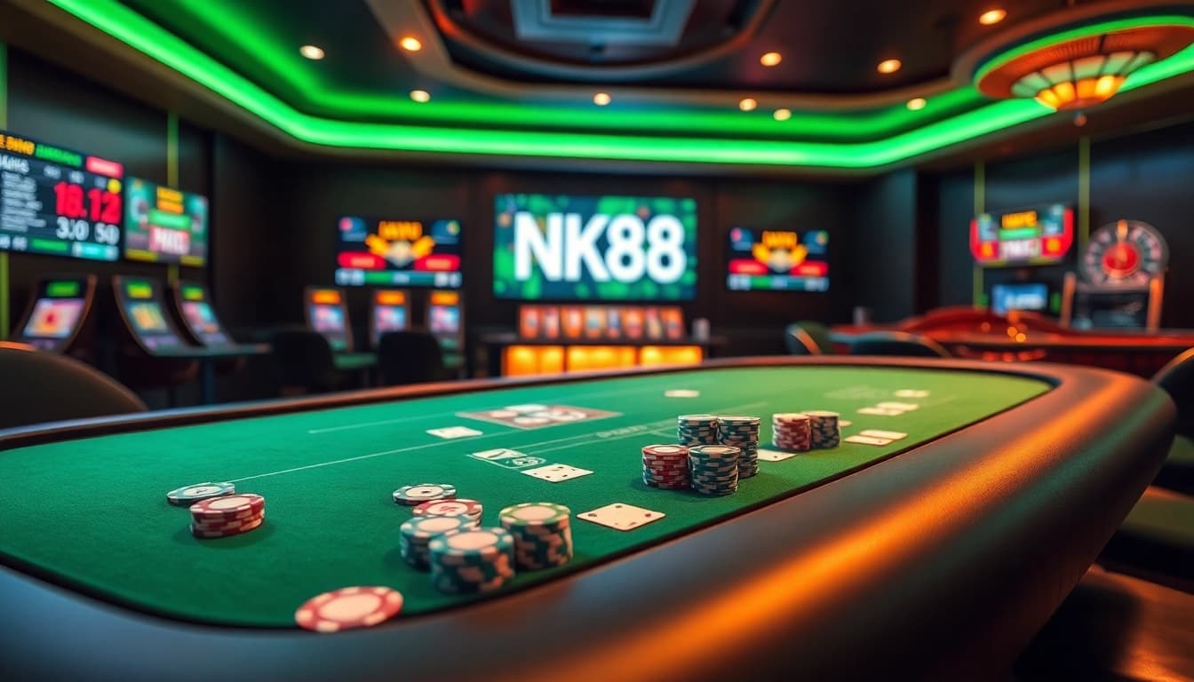 Experience the thrill of NK88 with dynamic casino visuals featuring poker chips and vibrant gaming screens.