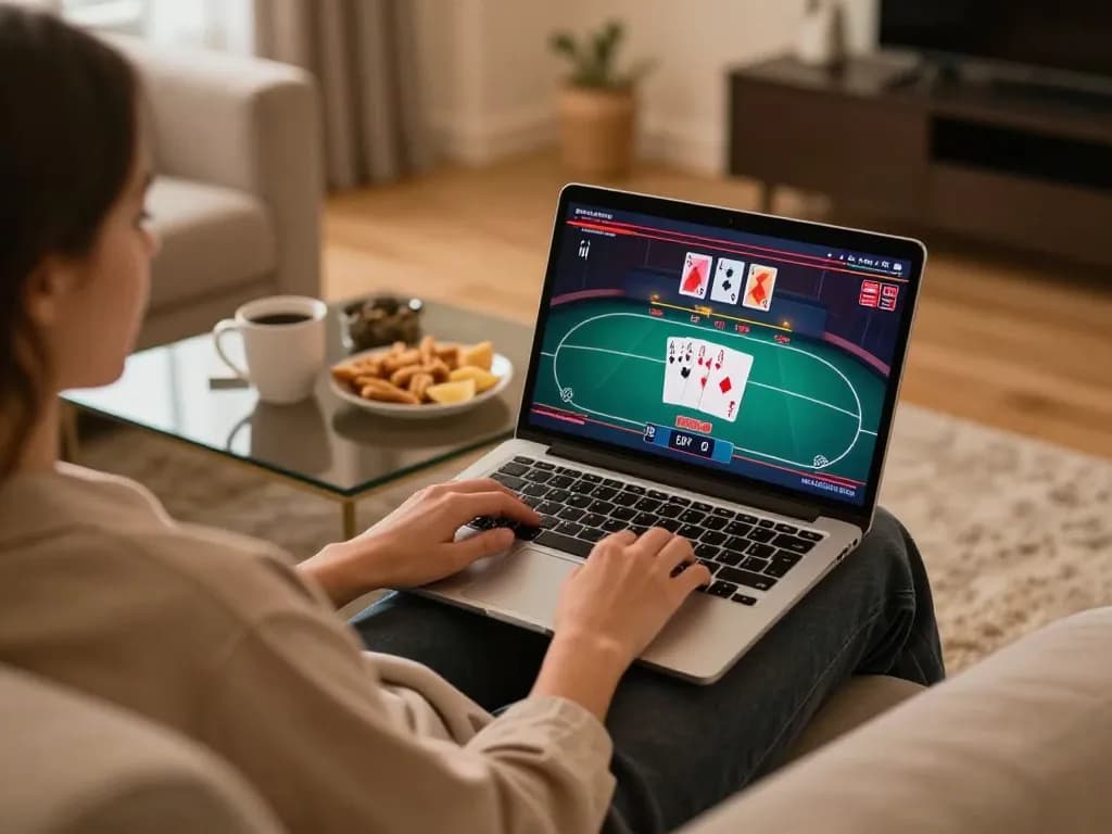 Bong88 user engaging in online poker gaming from cozy home setting, showcasing dynamic gameplay.