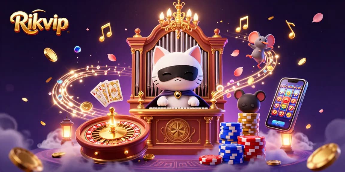 Rikvip showcases a lively gaming atmosphere with a dynamic 3D casino scene, featuring a charming cat at an organ.