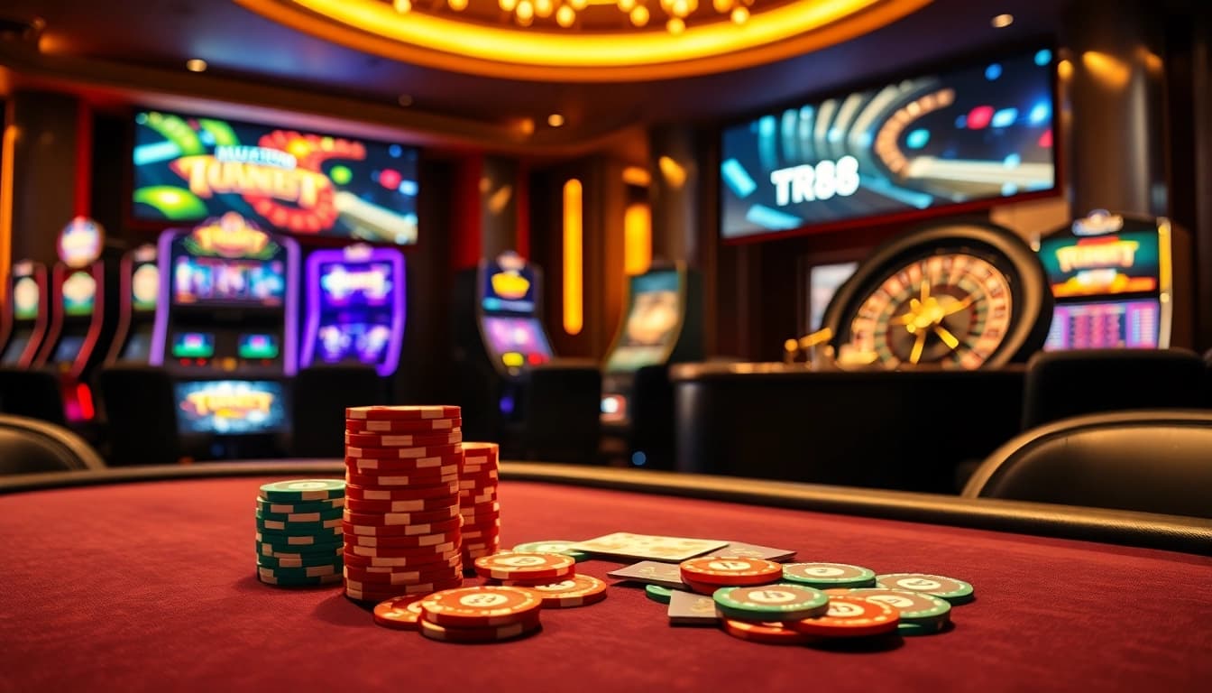 Engage in high-stakes gambling with TR88 at an elegant casino table.