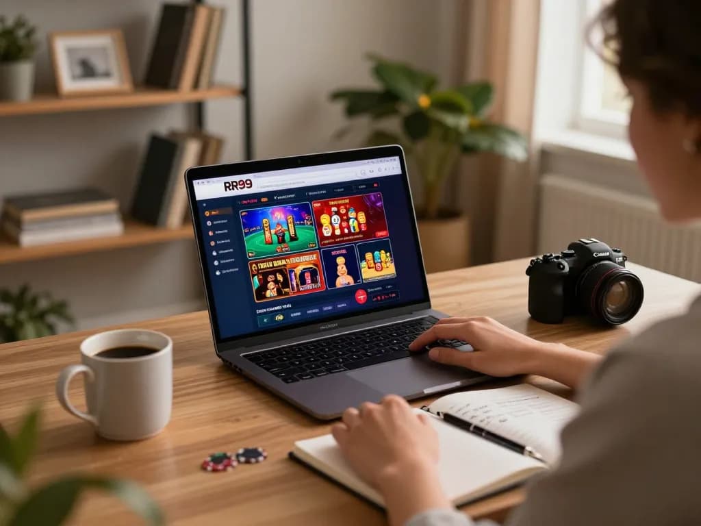 Engaging online gambling gameplay on RR99 casino platform with cozy setup and strategic notes.