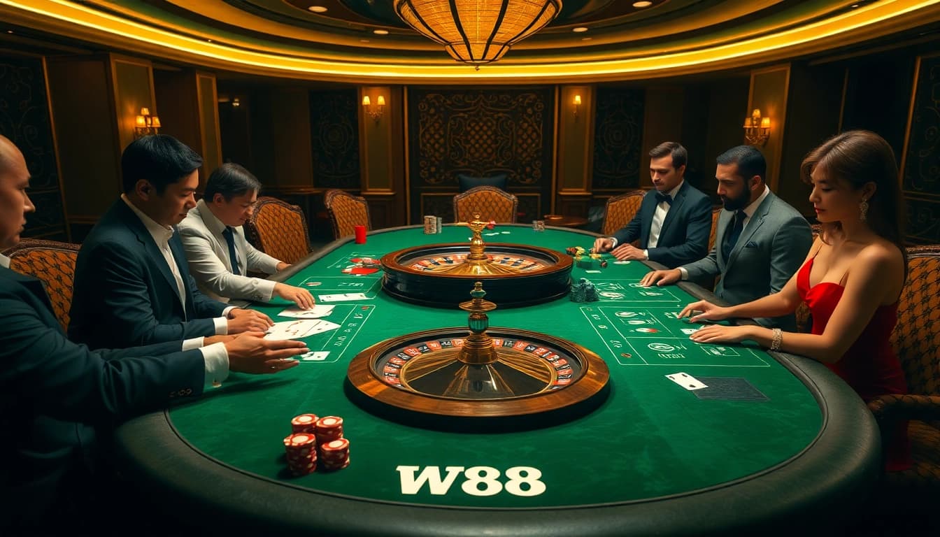Experience the thrill of wagering at W88 with vibrant casino imagery showing poker chips and cards.