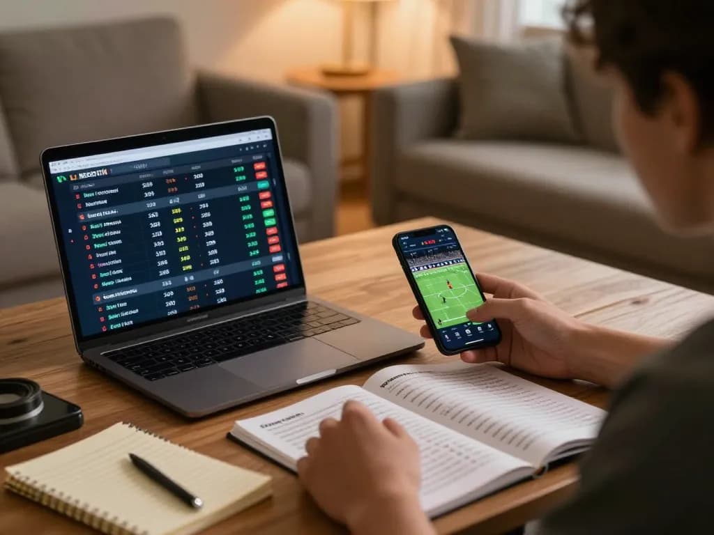 Engaging moment in sports betting as user studies kèo nhà cái hôm nay on a laptop with strategy notes.
