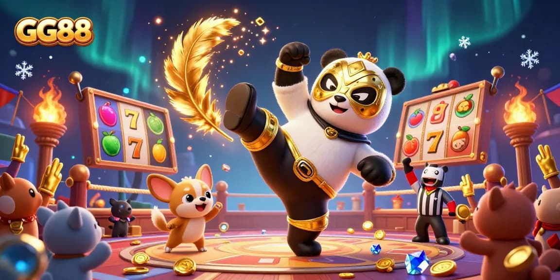 Experience GG88 action with cartoon characters in a lively casino scene filled with slot symbols and excitement.